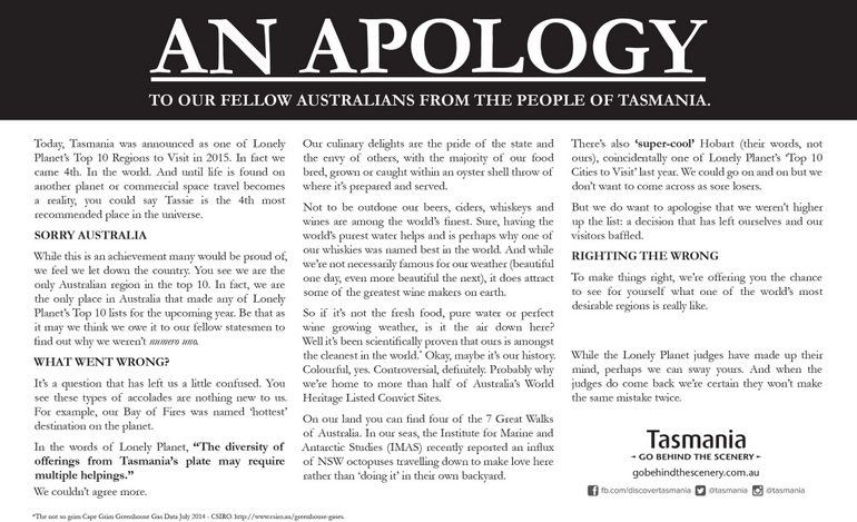 Tourism Tasmania apology