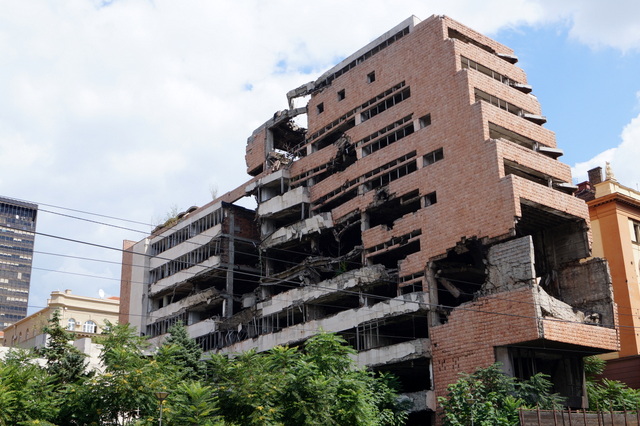The Yugoslav Ministry of Defence building has been left alone after the bombing. 