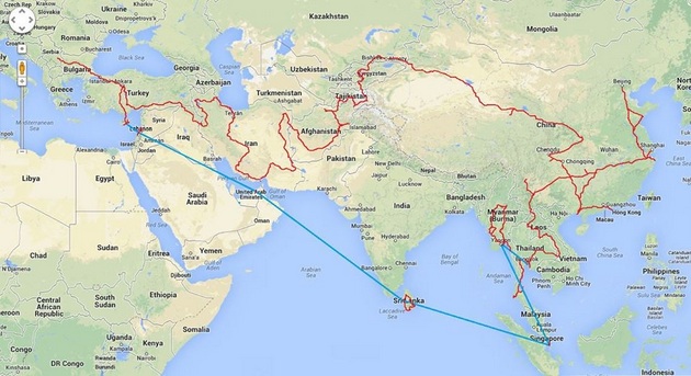 A map showing where Nenad travelled when he hitchhiked from Serbia to Asia.