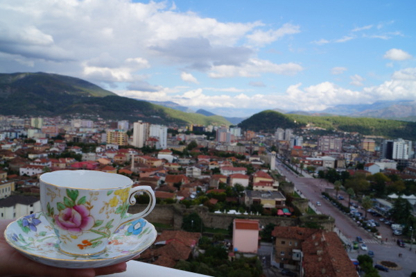 In the hand of my American Peace Corp volunteer CouchSurfing host Jen, over the city of Elbasan in Albania.